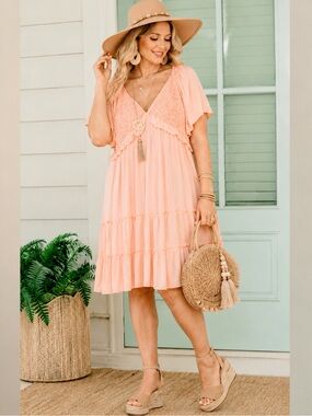 Heyson Pink Smocked V-Neck Flutter Sleeve Dress Size L